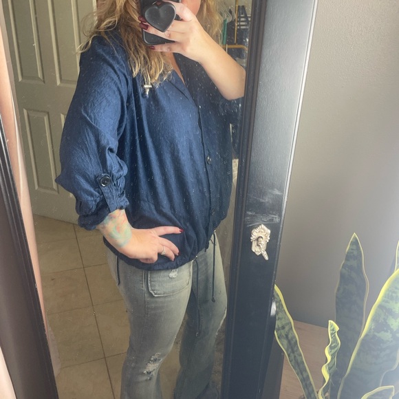 Liz Claiborne Navy Button Up Hooded Jacket Lightweight Linen/ Cotton - Picture 11 of 12